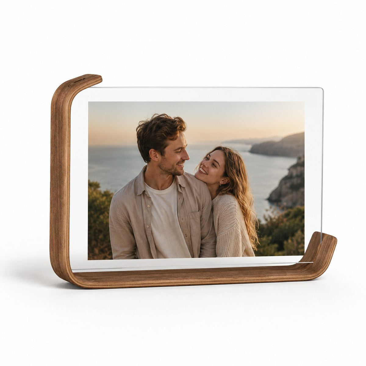 Curved Clear Photo Frame — Walnut Wood